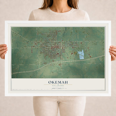 Map of Okemah, Oklahoma, 18 x 24 inch print in a white wood frame