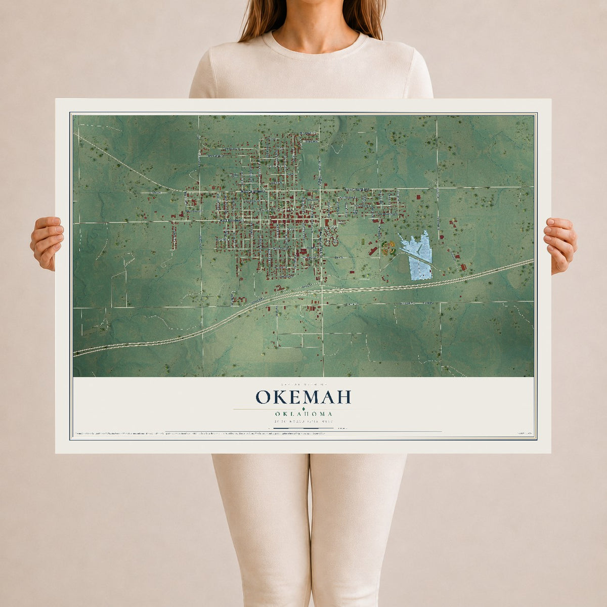 Map of Okemah, Oklahoma, 24 x 36 inch unframed archival matte print