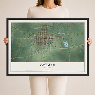 Map of Okemah, Oklahoma, 24 x 36 inch print in a black wood frame