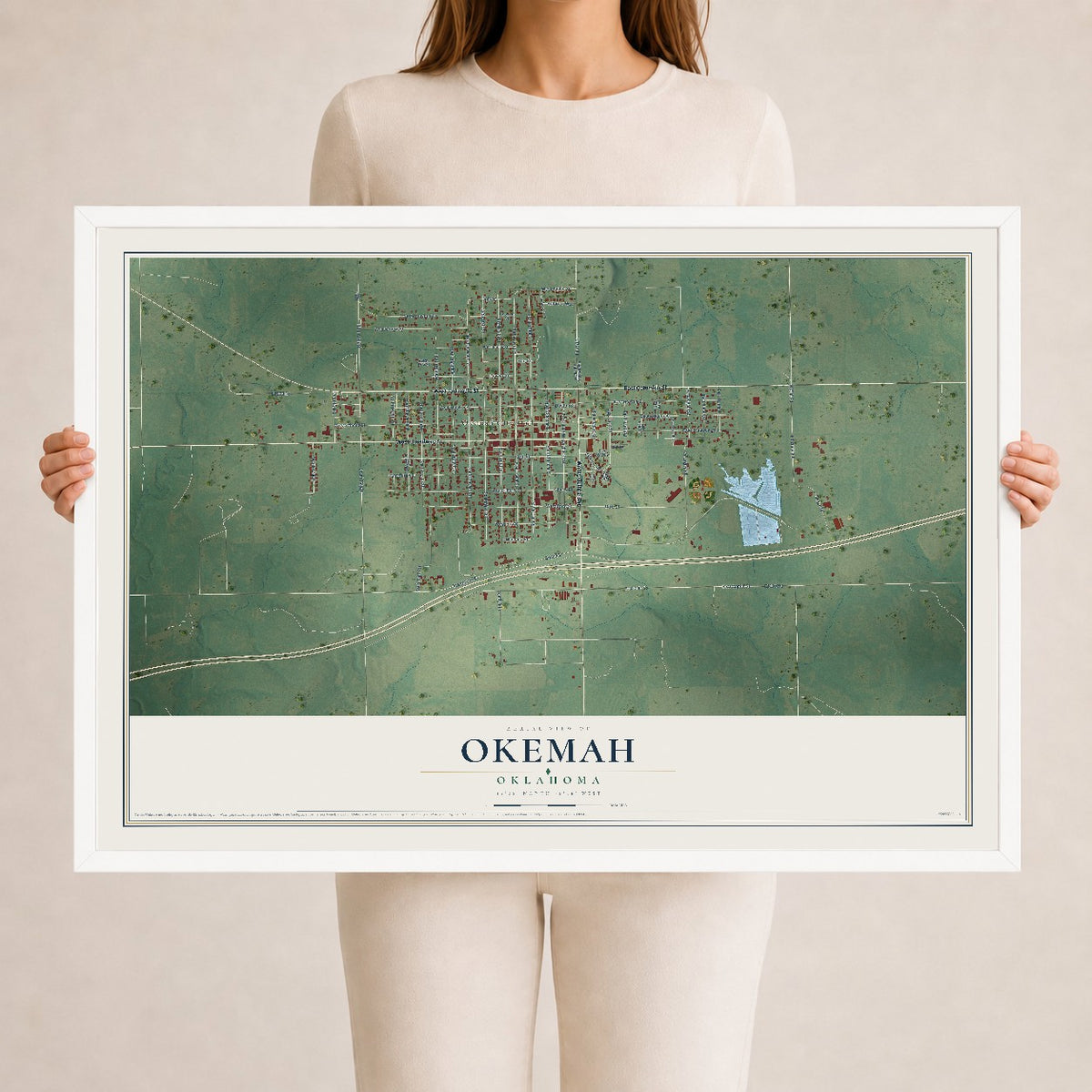 Map of Okemah, Oklahoma, 24 x 36 inch print in a white wood frame