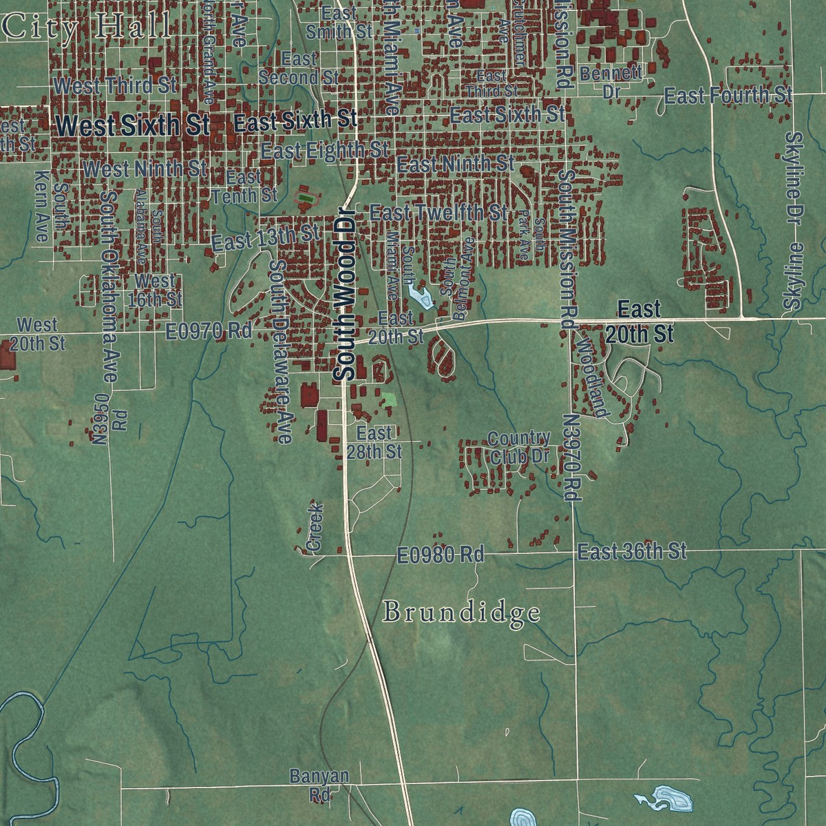 Close-up of the map of Okmulgee, Oklahoma print showing street and building detail