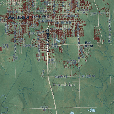 Close-up of the map of Okmulgee, Oklahoma print showing street and building detail