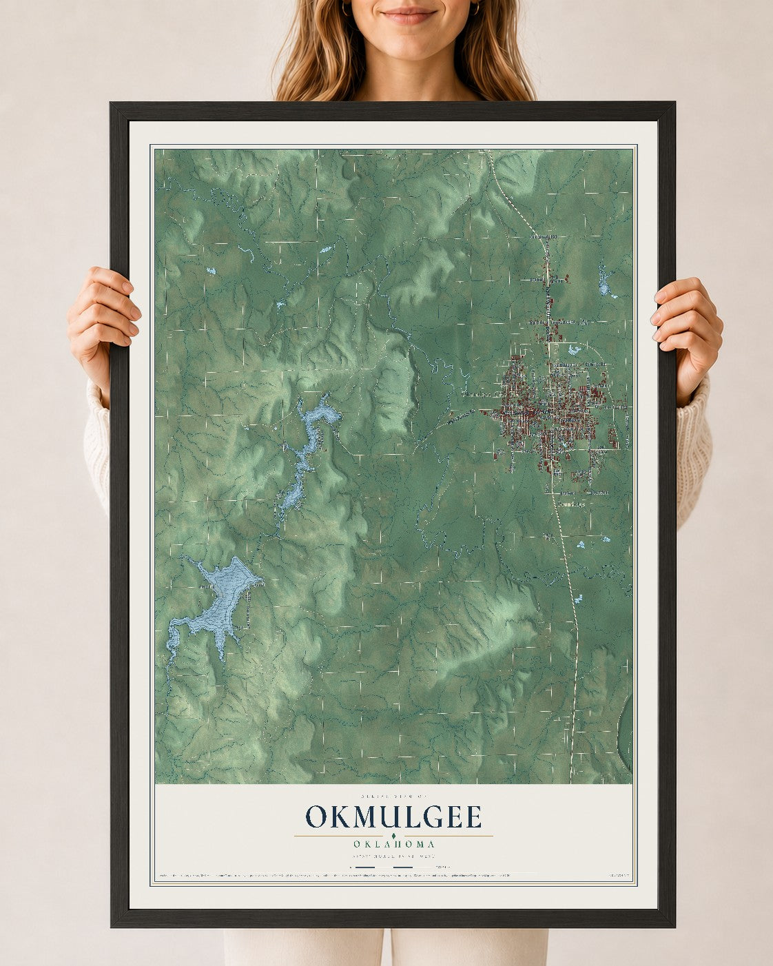 Map of Okmulgee, Oklahoma, 24 x 36 inch print in a black wood frame