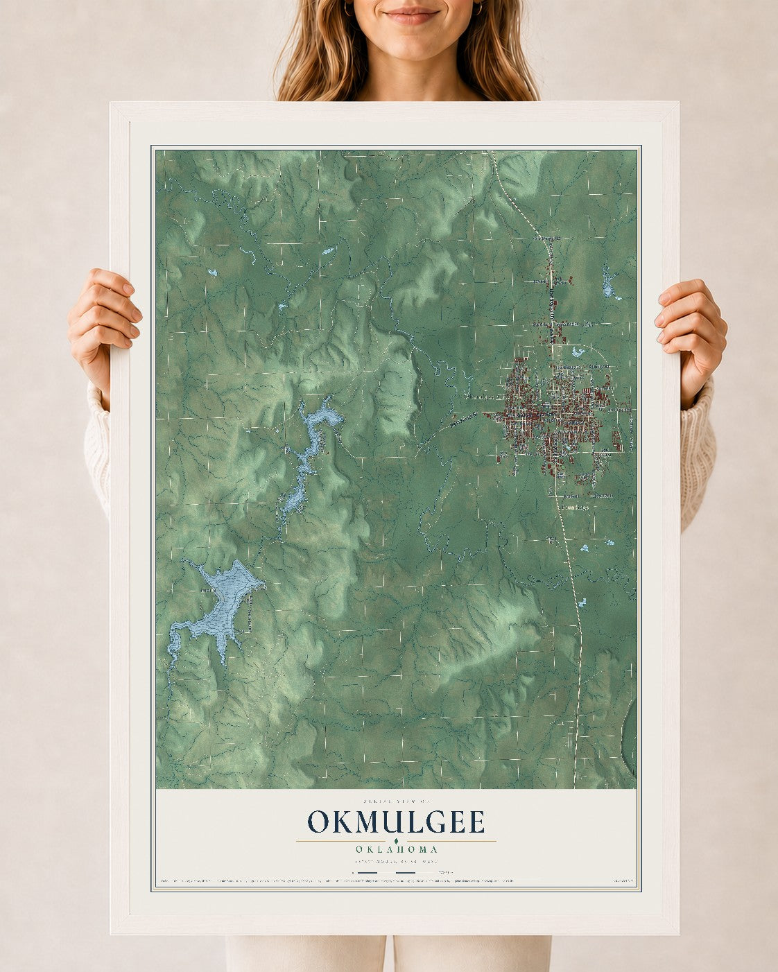 Map of Okmulgee, Oklahoma, 24 x 36 inch print in a white wood frame