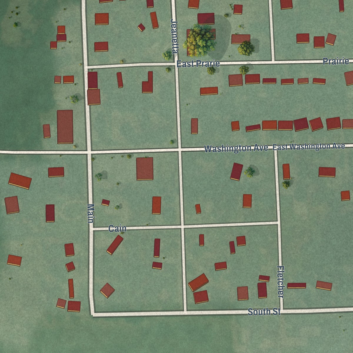 Close-up of the map of Oktaha, Oklahoma print showing street and building detail