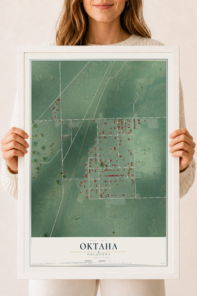 Map of Oktaha, Oklahoma, 18 x 24 inch print in a white wood frame