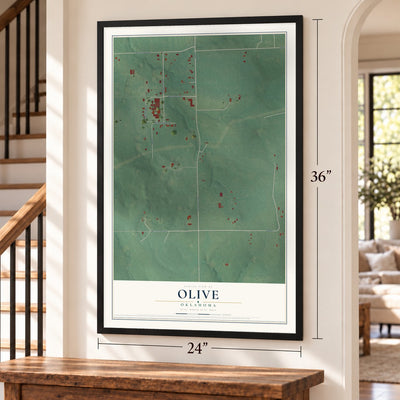 Olive, Oklahoma map, 24 x 36 inch print in a black frame by a staircase