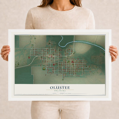 Map of Olustee, Oklahoma, 12 x 18 inch print in a white wood frame