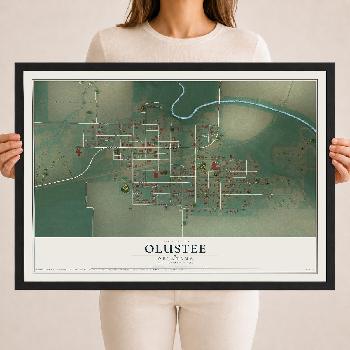 Map of Olustee, Oklahoma, 18 x 24 inch print in a black wood frame