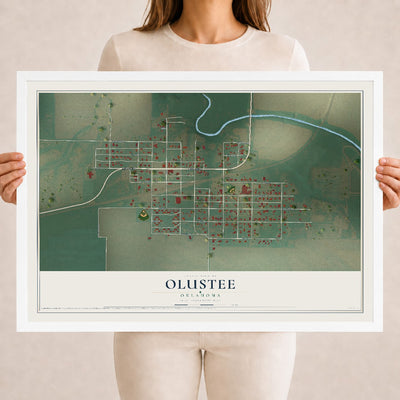 Map of Olustee, Oklahoma, 18 x 24 inch print in a white wood frame