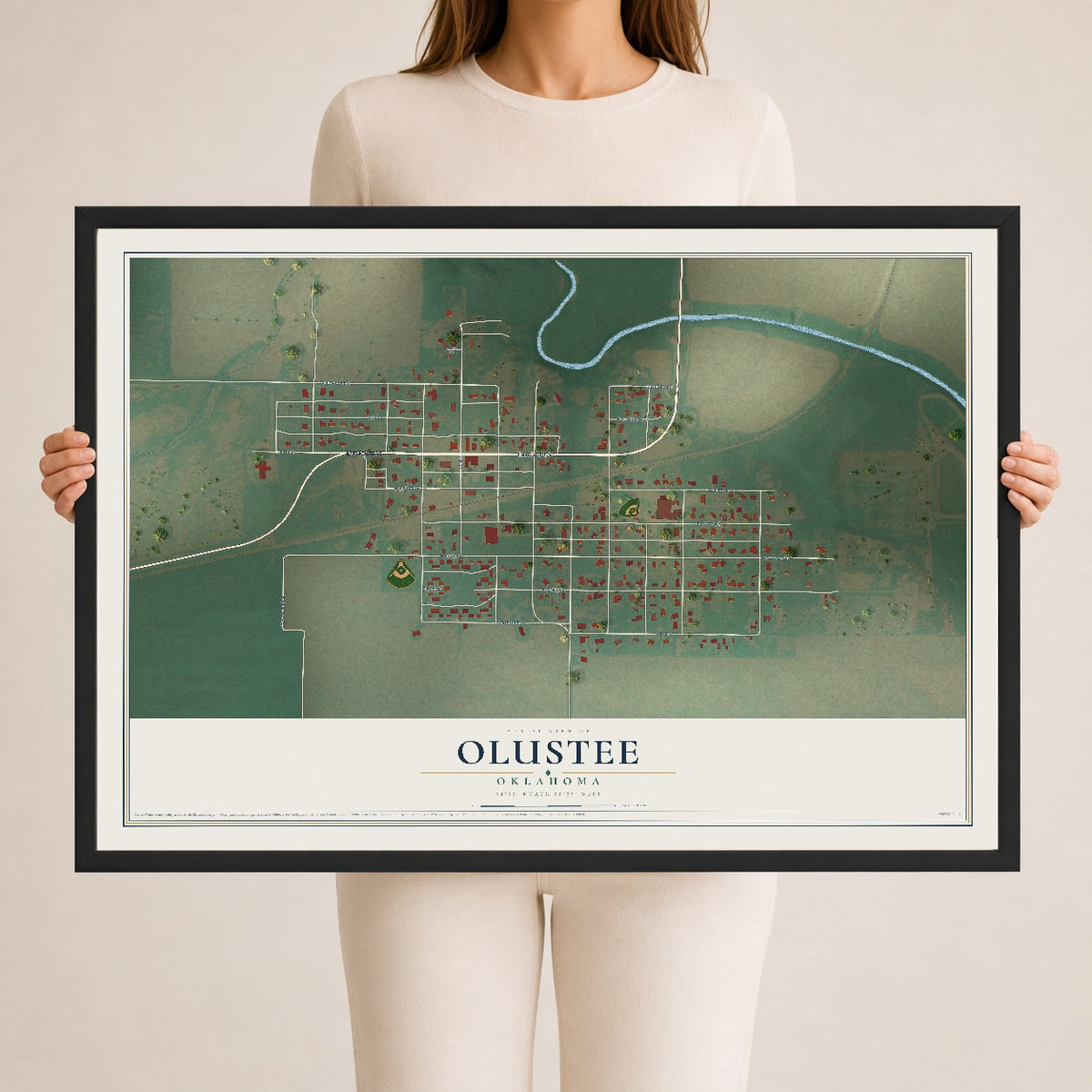 Map of Olustee, Oklahoma, 24 x 36 inch print in a black wood frame