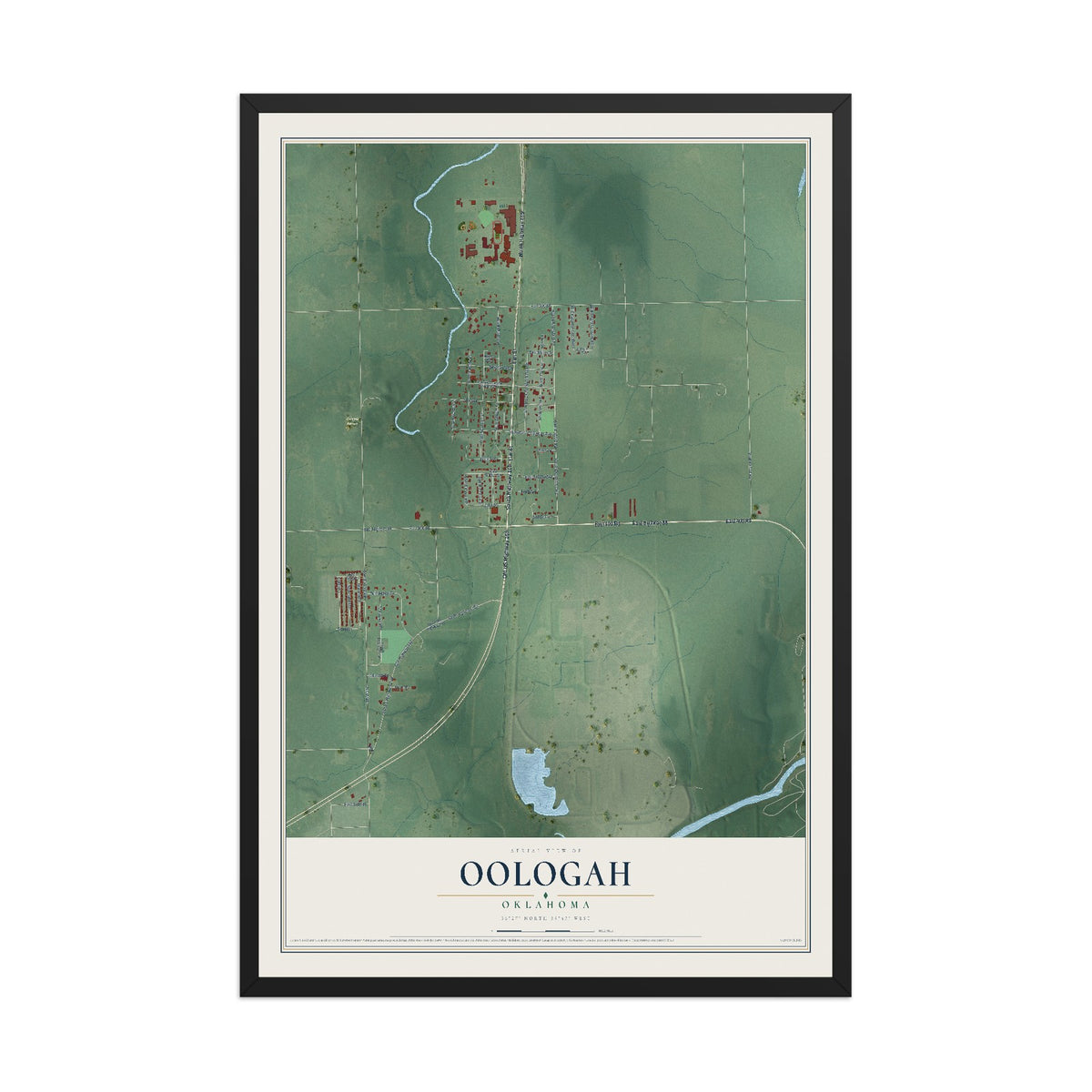 Map of Oologah, Oklahoma, 12 x 18 inch print in a black wood frame
