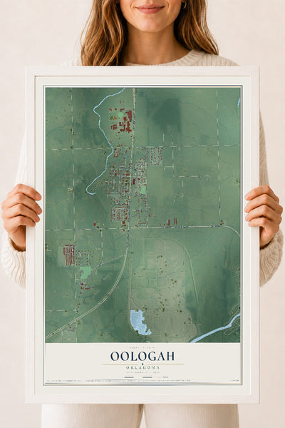 Map of Oologah, Oklahoma, 18 x 24 inch print in a white wood frame