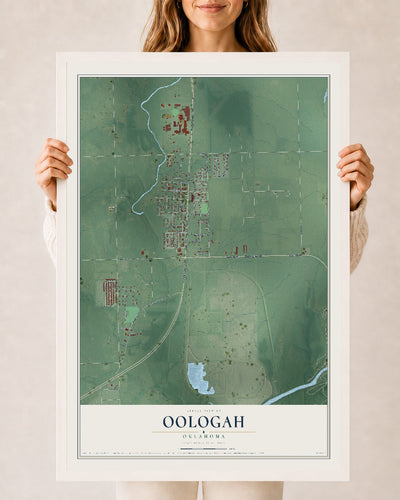Map of Oologah, Oklahoma, 24 x 36 inch print in a white wood frame