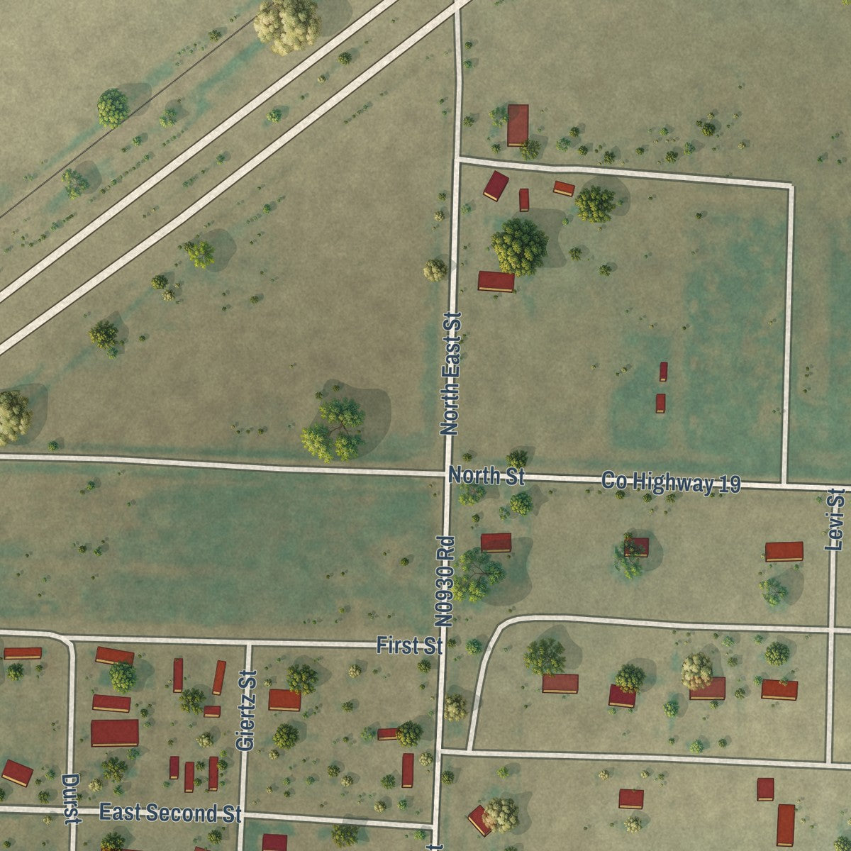 Second close-up of the map of Optima, Oklahoma print showing more streets and buildings