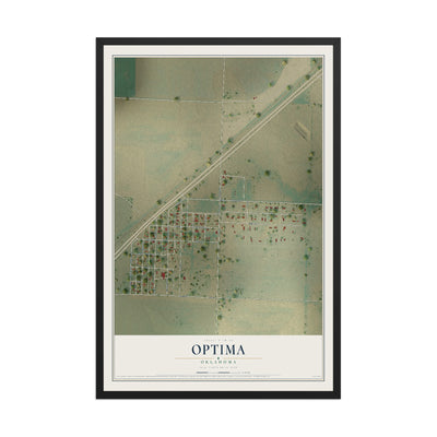 Map of Optima, Oklahoma, 12 x 18 inch print in a black wood frame