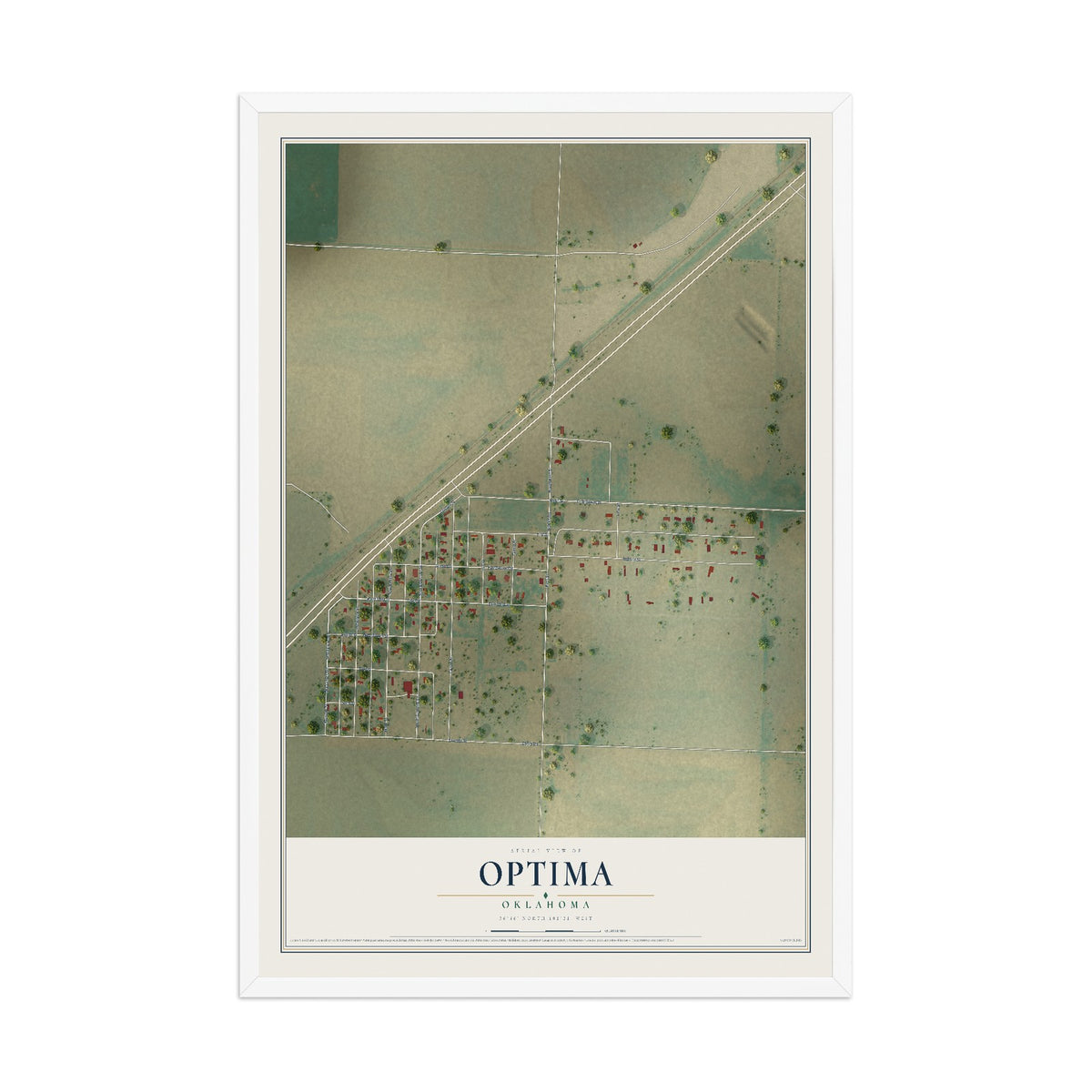 Map of Optima, Oklahoma, 12 x 18 inch print in a white wood frame