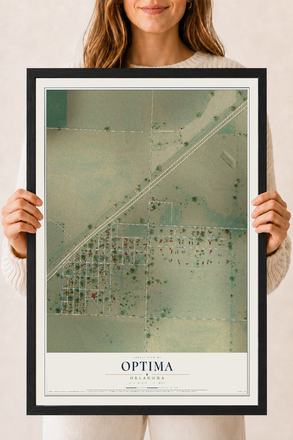 Map of Optima, Oklahoma, 18 x 24 inch print in a black wood frame