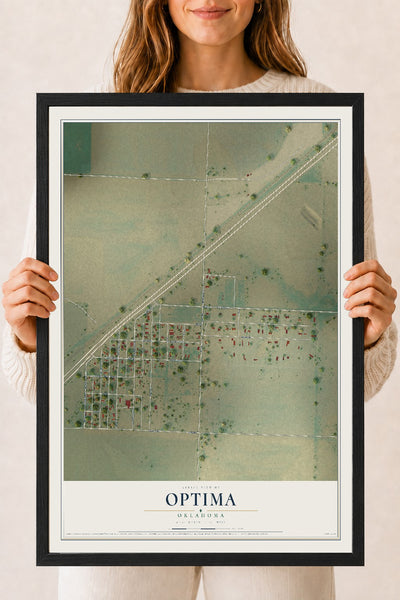 Map of Optima, Oklahoma, 18 x 24 inch print in a black wood frame