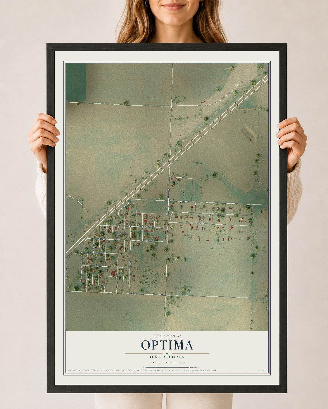 Map of Optima, Oklahoma, 24 x 36 inch print in a black wood frame