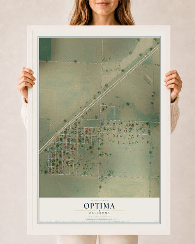 Map of Optima, Oklahoma, 24 x 36 inch print in a white wood frame