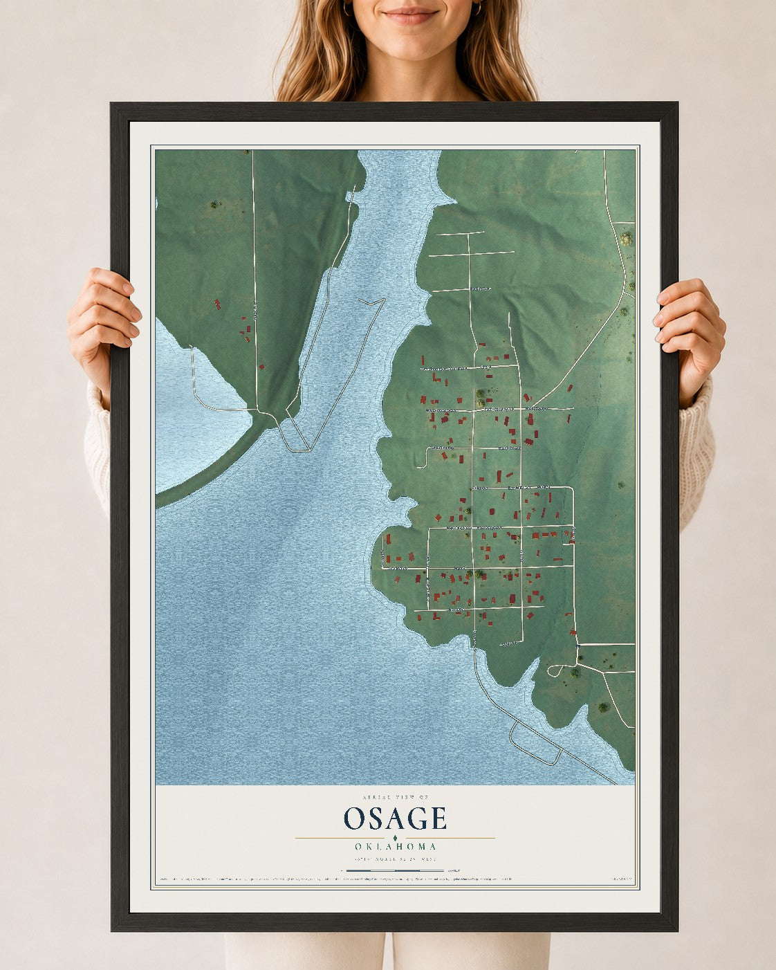 Map of Osage, Oklahoma, 24 x 36 inch print in a black wood frame