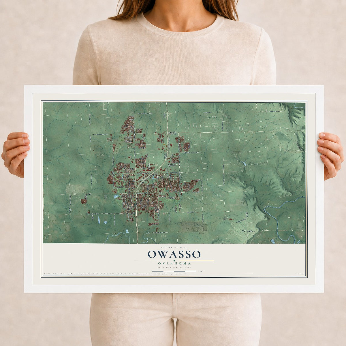 Map of Owasso, Oklahoma, 12 x 18 inch print in a white wood frame