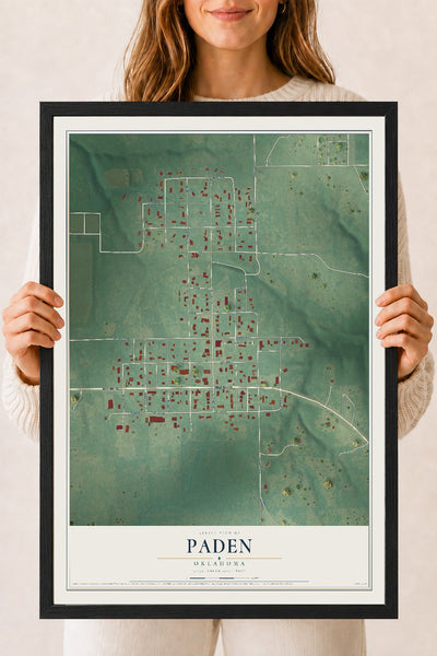 Map of Paden, Oklahoma, 18 x 24 inch print in a black wood frame