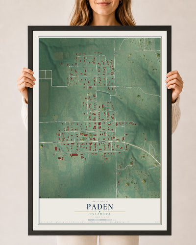 Map of Paden, Oklahoma, 24 x 36 inch print in a black wood frame