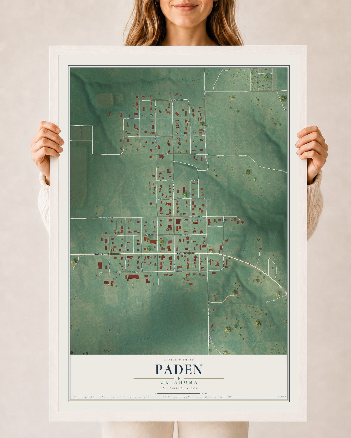 Map of Paden, Oklahoma, 24 x 36 inch print in a white wood frame