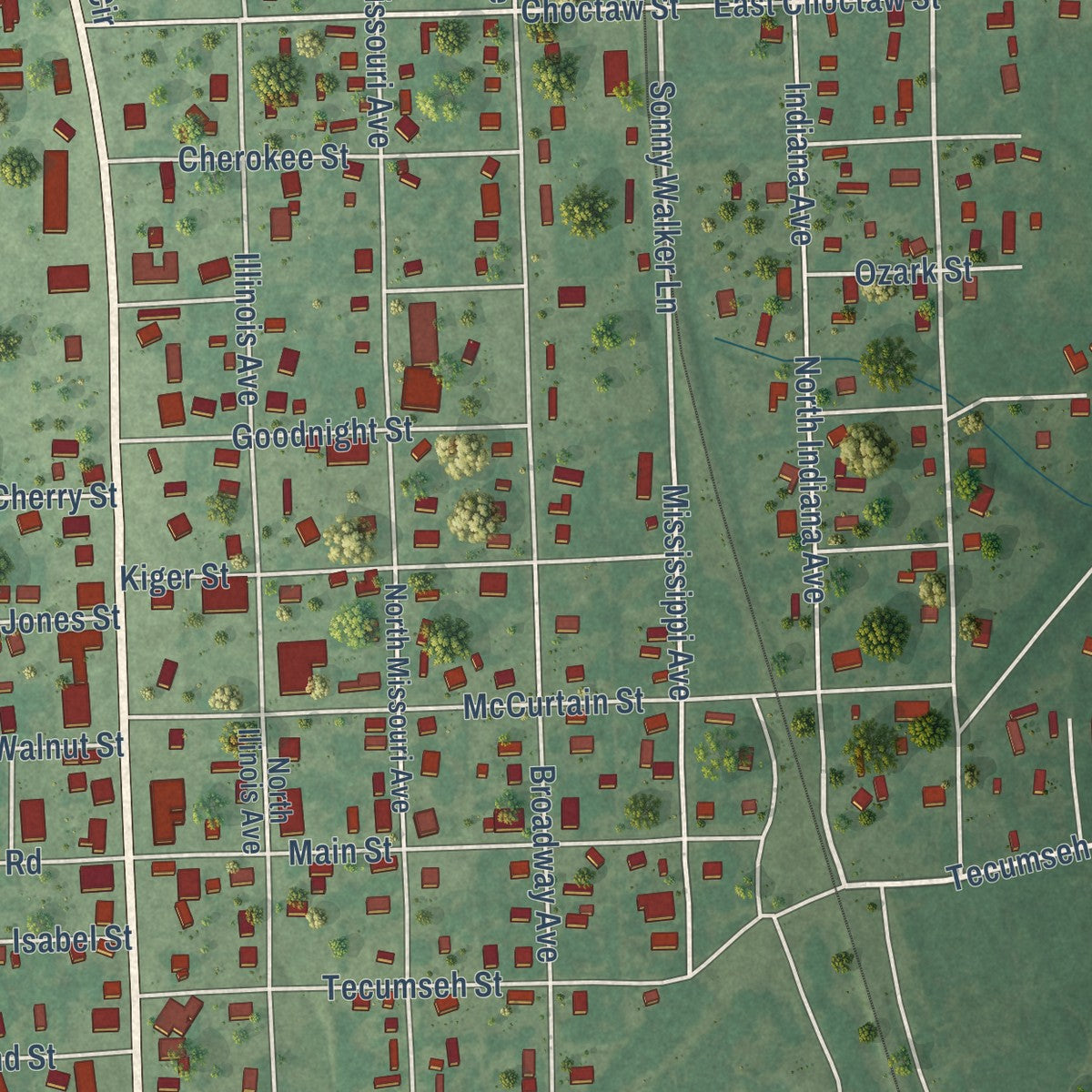 Close-up of the map of Panama, Oklahoma print showing street and building detail