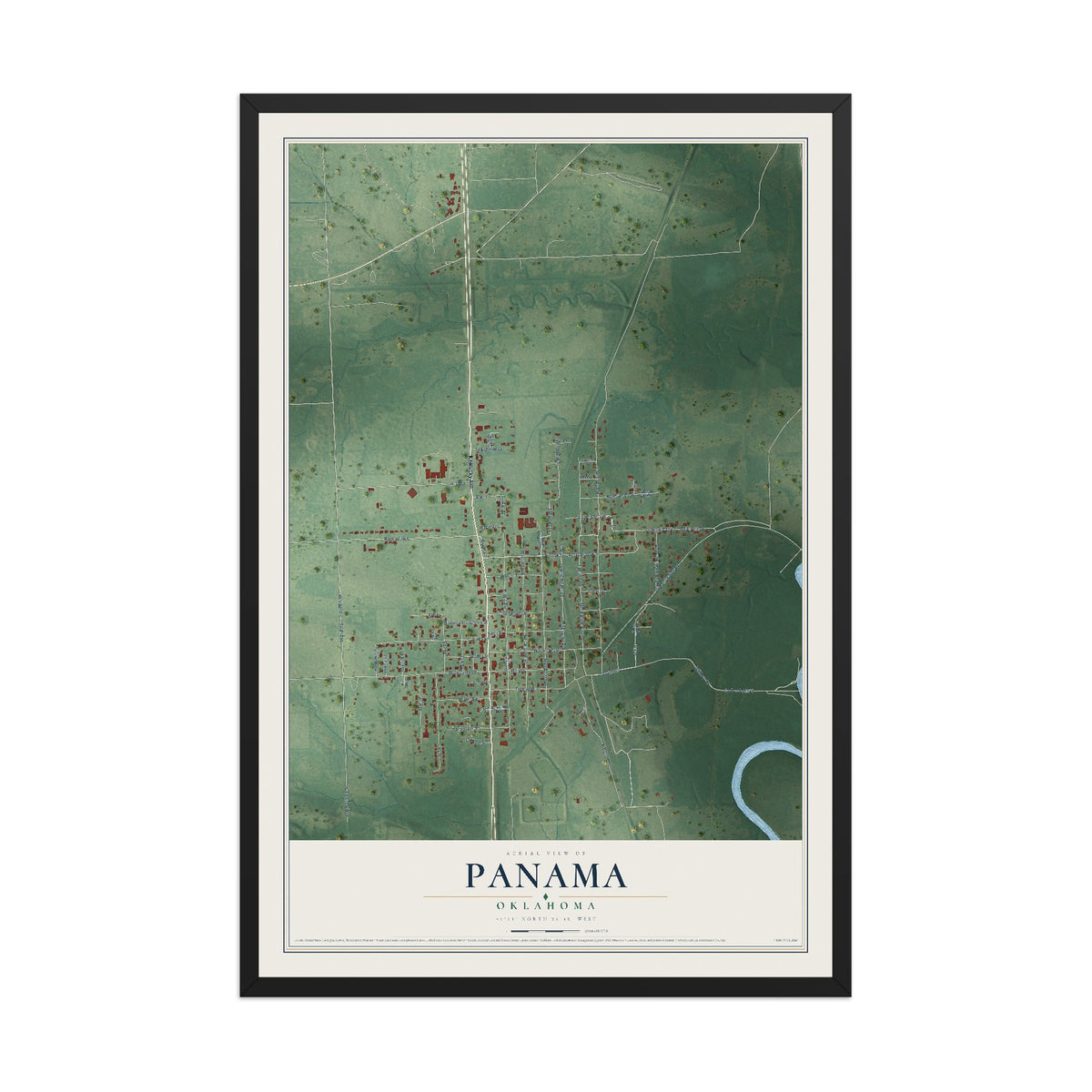 Map of Panama, Oklahoma, 12 x 18 inch print in a black wood frame