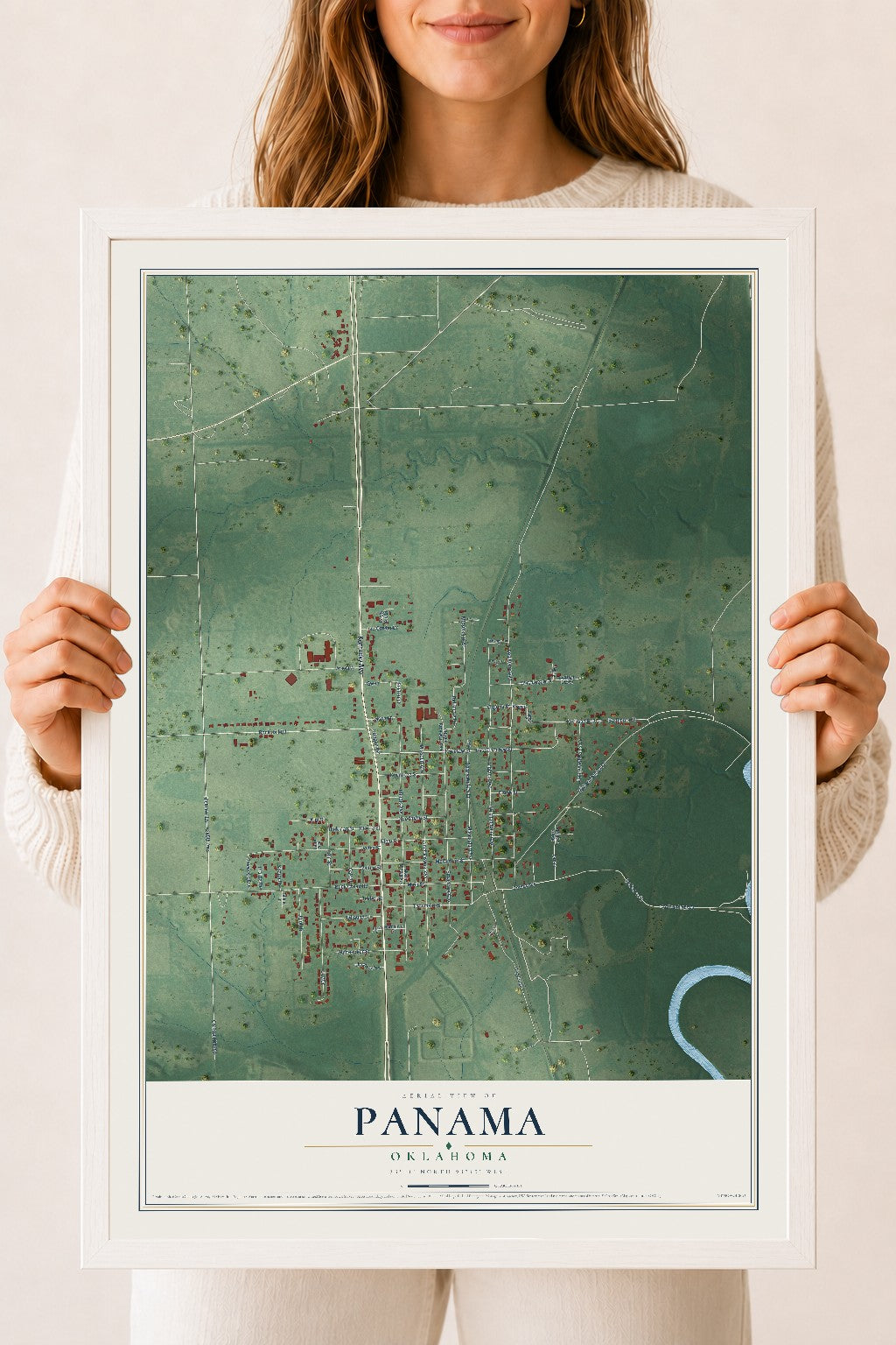 Map of Panama, Oklahoma, 18 x 24 inch print in a white wood frame
