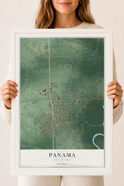 Map of Panama, Oklahoma, 18 x 24 inch print in a white wood frame