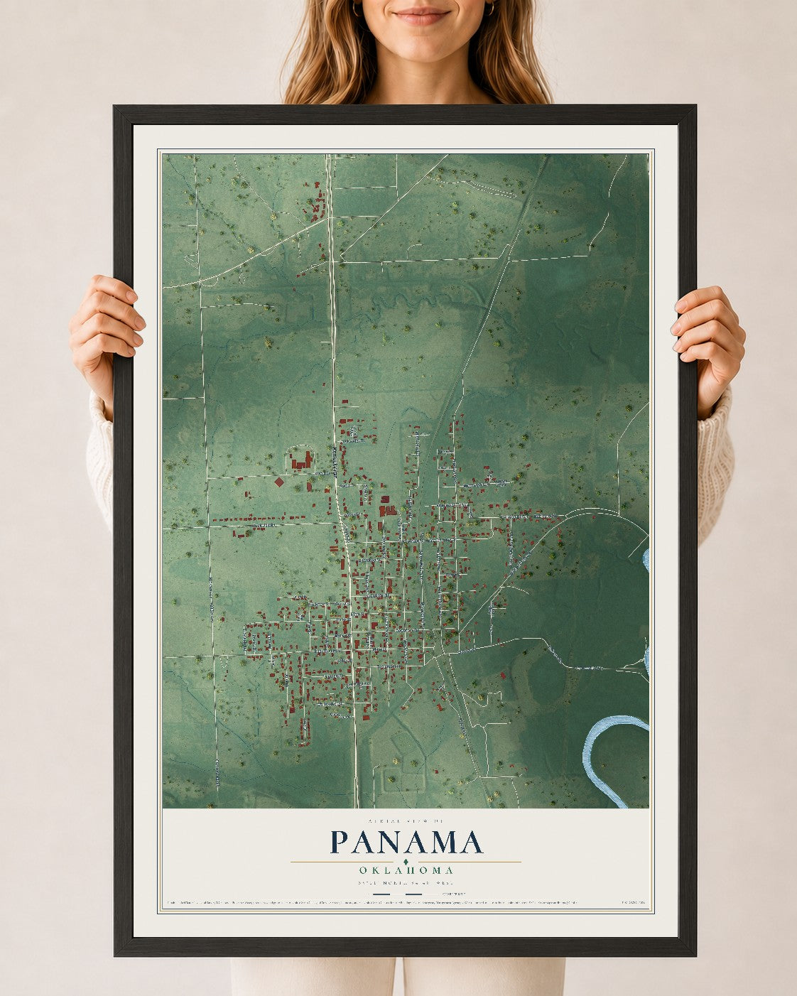 Map of Panama, Oklahoma, 24 x 36 inch print in a black wood frame