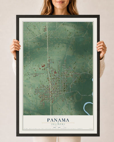 Map of Panama, Oklahoma, 24 x 36 inch print in a black wood frame