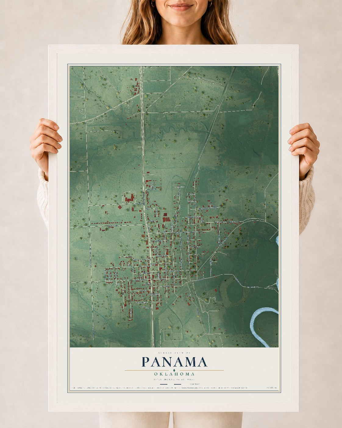 Map of Panama, Oklahoma, 24 x 36 inch print in a white wood frame
