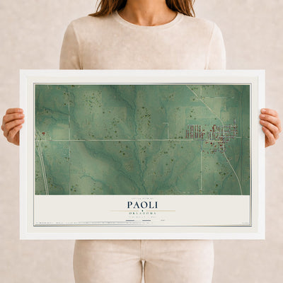 Map of Paoli, Oklahoma, 12 x 18 inch print in a white wood frame