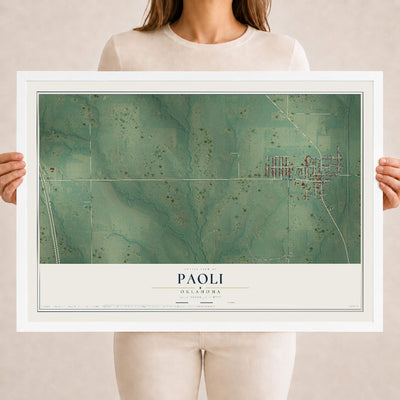 Map of Paoli, Oklahoma, 18 x 24 inch print in a white wood frame