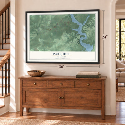 Park Hill, Oklahoma map, 24 x 36 inch print in a black frame above a dresser by a staircase