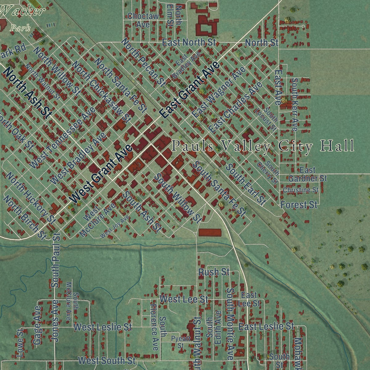Close-up of the map of Pauls Valley, Oklahoma print showing street and building detail