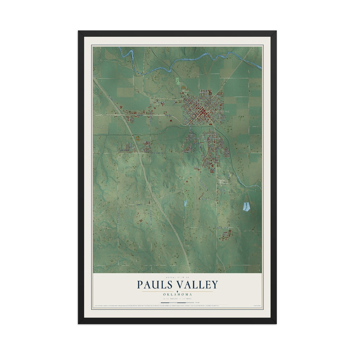 Map of Pauls Valley, Oklahoma, 12 x 18 inch print in a black wood frame