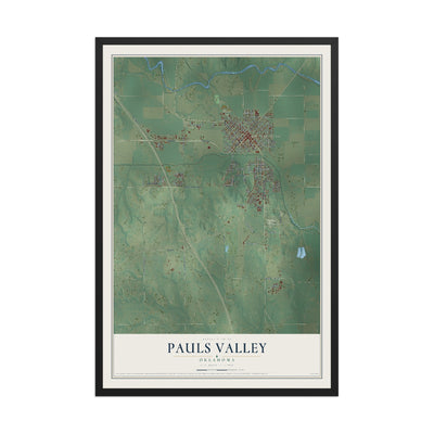 Map of Pauls Valley, Oklahoma, 12 x 18 inch print in a black wood frame