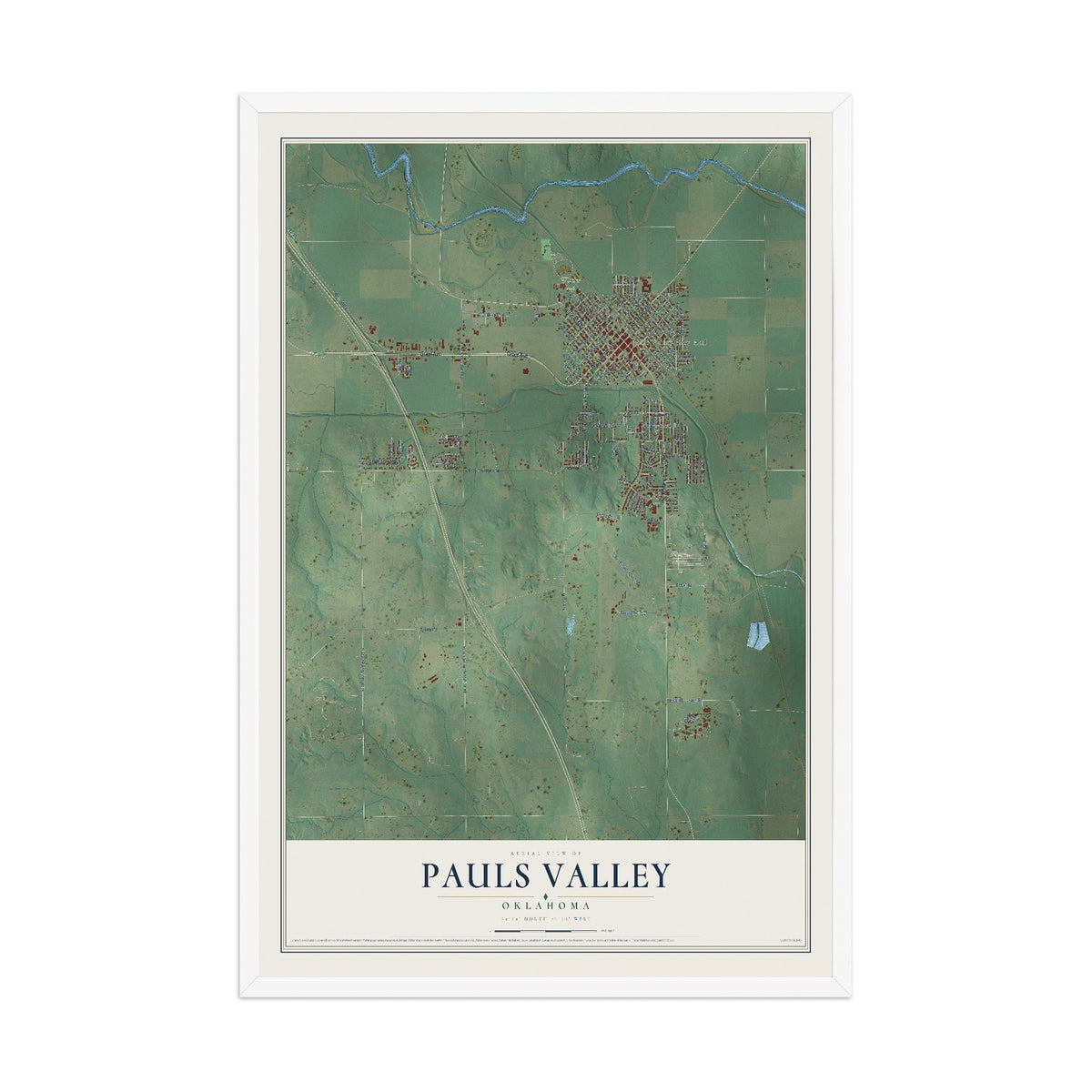 Map of Pauls Valley, Oklahoma, 12 x 18 inch print in a white wood frame