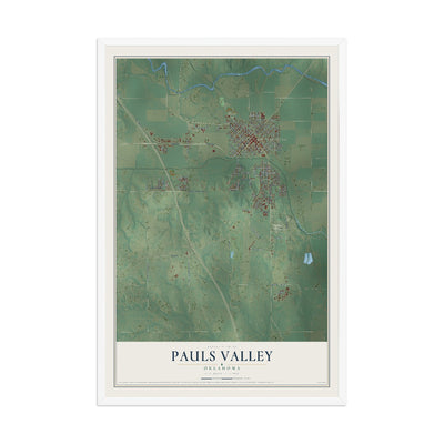 Map of Pauls Valley, Oklahoma, 12 x 18 inch print in a white wood frame