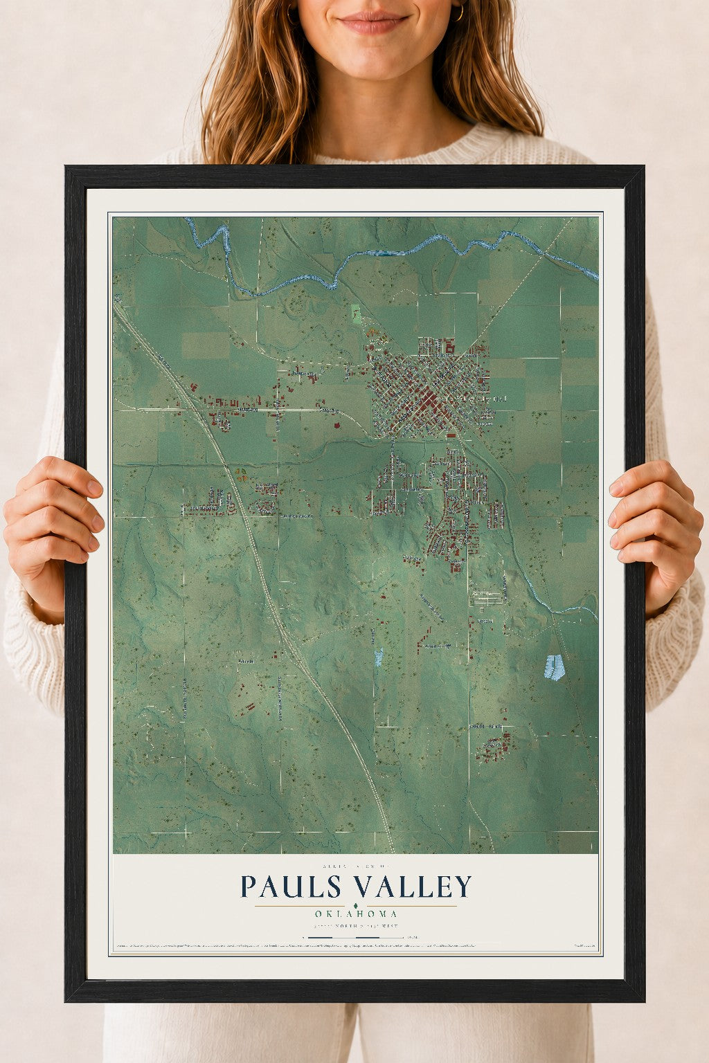 Map of Pauls Valley, Oklahoma, 18 x 24 inch print in a black wood frame
