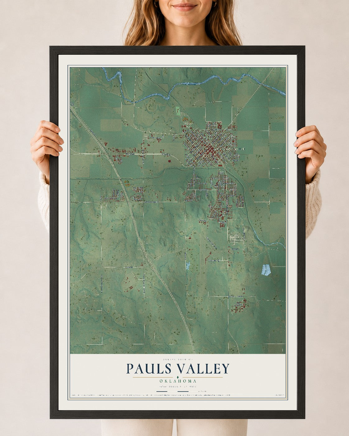 Map of Pauls Valley, Oklahoma, 24 x 36 inch print in a black wood frame