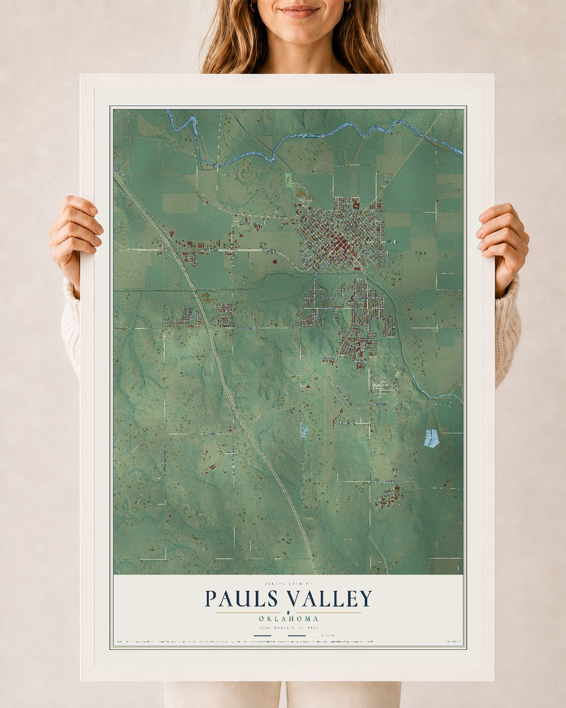 Map of Pauls Valley, Oklahoma, 24 x 36 inch print in a white wood frame