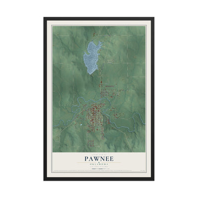 Map of Pawnee, Oklahoma, 12 x 18 inch print in a black wood frame