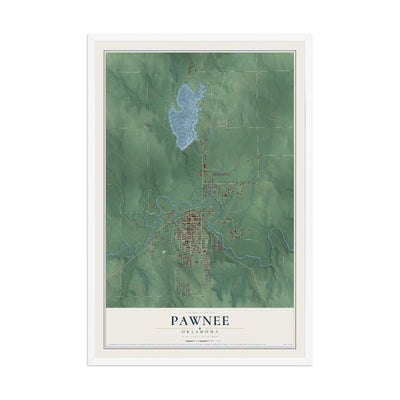 Map of Pawnee, Oklahoma, 12 x 18 inch print in a white wood frame